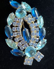 Vintage Blue Glass Cabochon Rhinestone Open Back Gold Tone Brooch Pin Estate