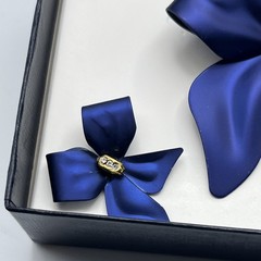 Tona Bow Brooch & Pierced Earrings Set Blue Clear Rhinestone