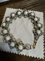 1990s Rhinestone Faux Opal Pearl Linked Bracelet Vintage Inspired 7-7.5 Inches