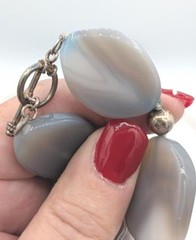 Vintage Gemstone Necklace Bracelet Set Sterling Chunky Silver Gray Agate Toggle