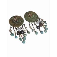 Vintage Boho Clip On Earrings Verdigris Patina Beaded Fringe Faux Turquoise