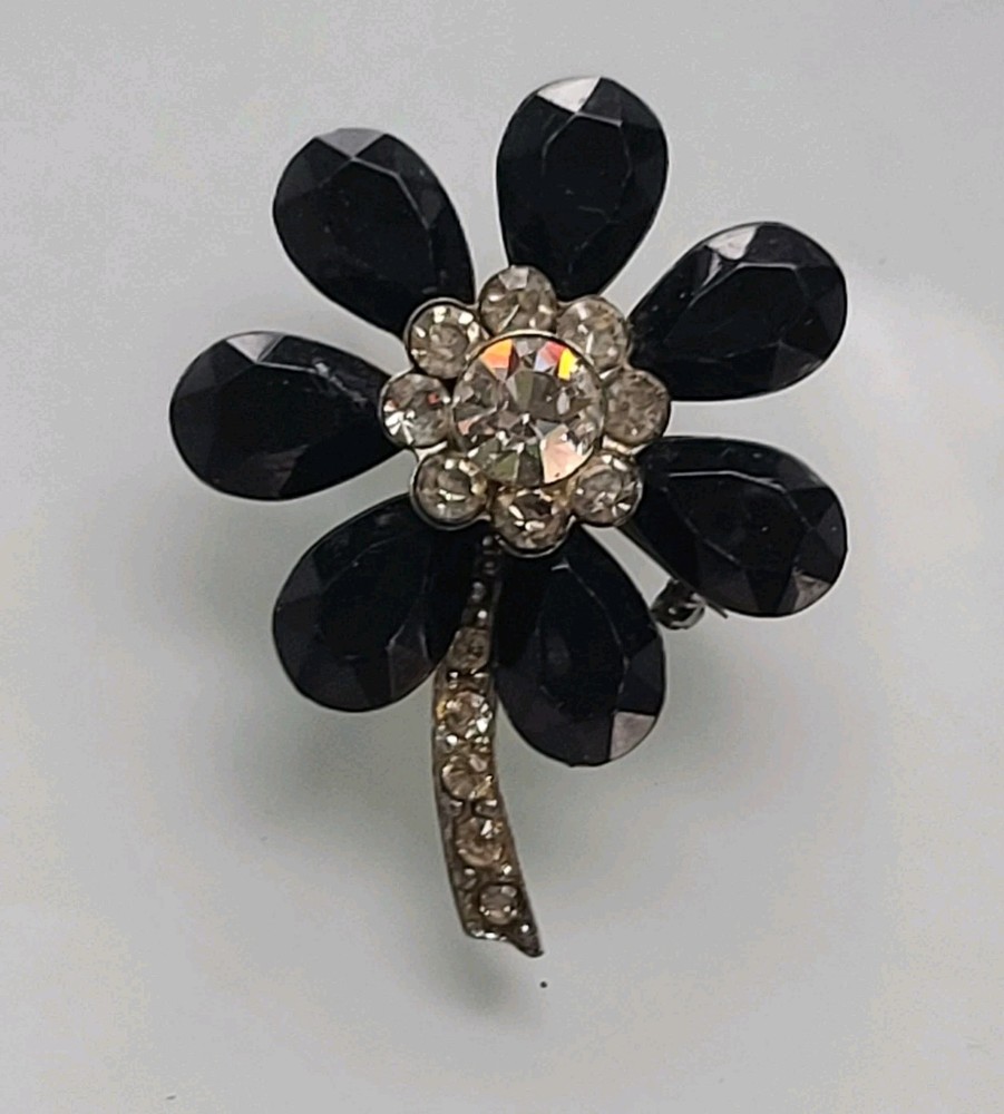 Vintage Daisy Brooch Cut Black Jet Glass & Rhinestone Pin Silver Tone Mcm 1 3/4″