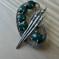 VTG Brooch Pin 2 Inch Jadeite Marcasite Palette Brushes 925 Sterling 11.3g Rare
