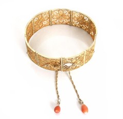 Antique Italian Gilt Silver Filigree Panel Bracelet, Natural Salmon Coral Drops