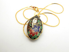 Vintage Cloisonne Pendant Locket Necklace Enamel Bird Leaf Black White Red