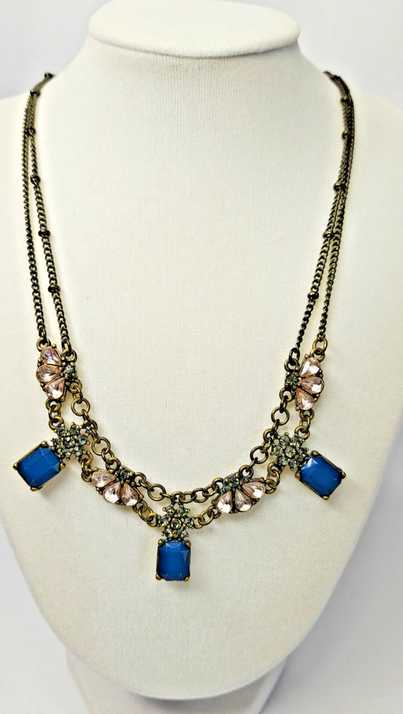 Vtg Liz Claiborne LC Brass toned, Clear Rhinestones with Blue Stones Necklace