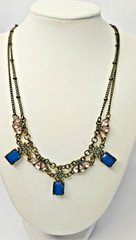 Vtg Liz Claiborne LC Brass toned, Clear Rhinestones with Blue Stones Necklace