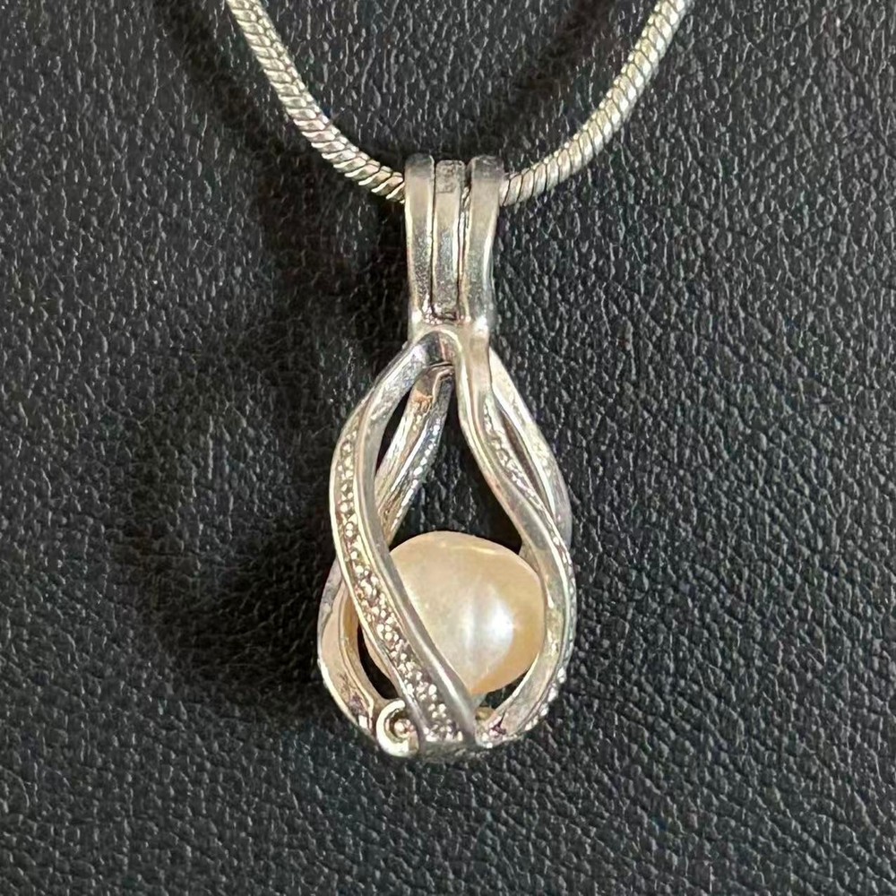 Vintage Silver Tone Pearl Cage Necklace Swirl Teardrop Pendant Snake Chain 16″