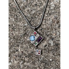 VTG PATRICIA LOCKE Modernist Geometric Mosaic Silver Crystal Dbl Square Necklace