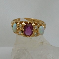 Vintage 18K Solid Gold Opal Diamond Ruby Ring, Made in England 1930, GIA Cert.
