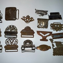 19pc Antique Victorian Gents Suspender Buckle Lot Brass Nickel Filigree 1892 Pat