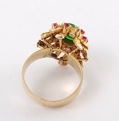 Vtg 14K Yellow Gold Brutalist Jade Ruby Sunburst Cocktail Ring – 5.64g size 5.5