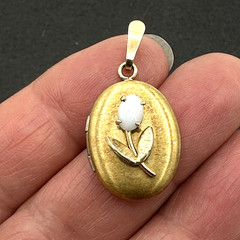 TULIP gold-plated locket – faux opal flower – 1.25″ oval pendant holds 2 photos