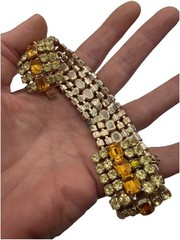 Vintage Amber Rhinestone Bracelet Gold Tone Triple Row Glows Green UV Reactive