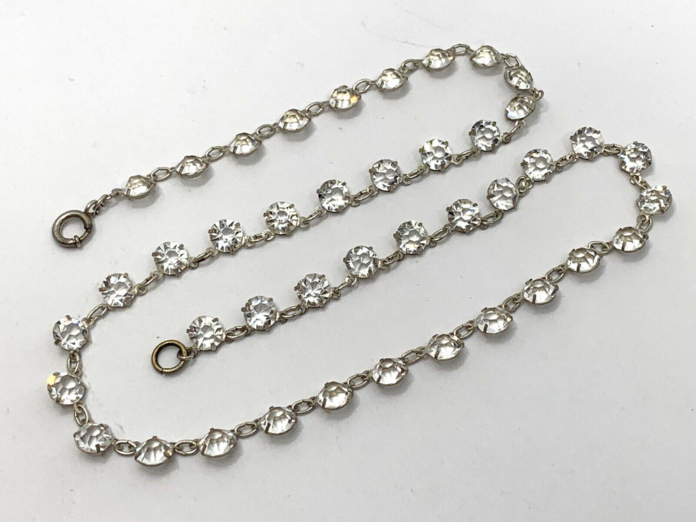 Art Deco 1920s Necklace Sterling Silver Rhinestone Crystal Open Back Bezel 16.5″