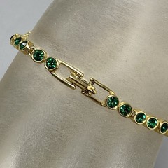 VTG Green Rhinestone Tennis Bracelet Gold Tone Faceted Glass Bezel Fold Over 7″