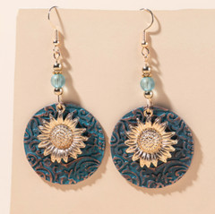 Bohemian Boho Sunflower Daisy Hook Earrings Retro Double Layer Dangle Drop, Teal