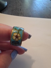VTG Chinese Blue Cloisonne Enamel And Copper Ring Flowers Leaves Stems Sz 7