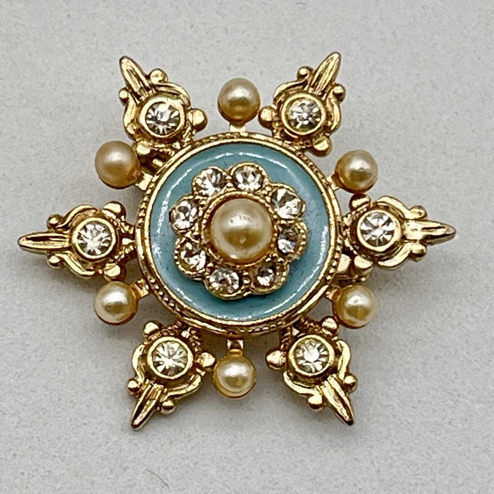 Vintage Blue Enamel Brooch Faux Pearl Rhinestone 1.25″