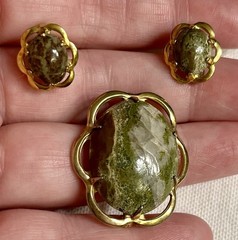 Lot 3 Pieces of Vintage Estate Jewelry Brooches & Earrings Moss Agate Set & Paua