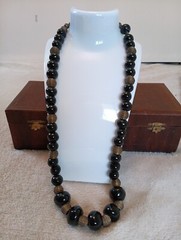 Vintage Graduated Varied Black Shiny Cool Beaded Necklace With Metal Spacers