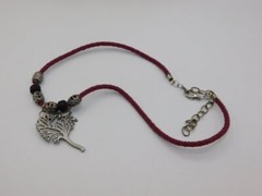 J267-VINTAGE NECKLACE~BURGUNDY CORD/PEWTER BIRD IN TREE~17″-20″