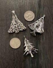 3 Vtg Silver Tone Christmas Tree Rhinestone Brooch Holiday Party Pins Lot of 3