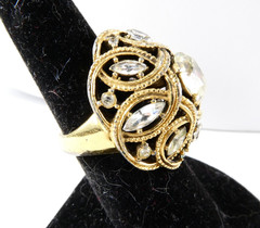 Vintage Crown Trifari Cocktail Ring Dome Shaped Gold Tone Clear Marquise Stones