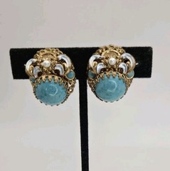 Vintage West Germany Blue Earrings Glass Cab Enamel Signed Clip Ons Rhinestone