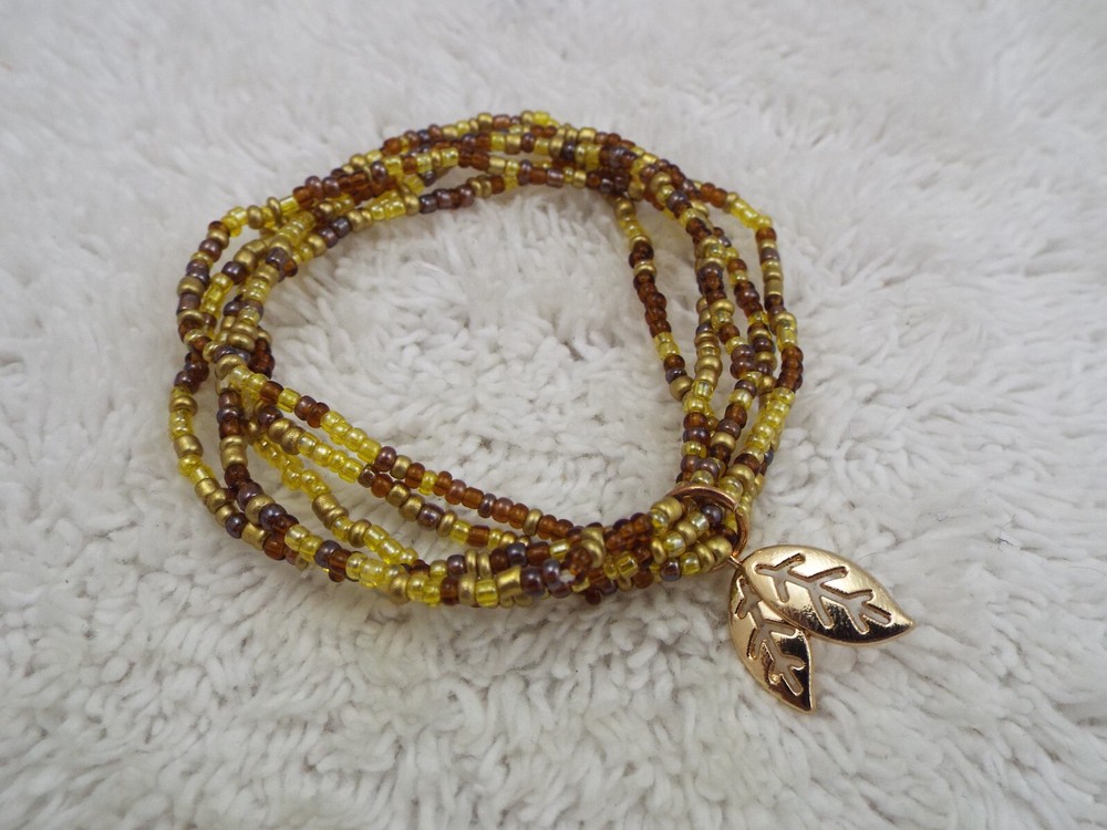 Yellow Brown Glass Micro Bead Leaf Charm Stretch Bracelet (C27)