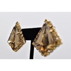 Vintage Crystal Clip On Earrings Pyramid Brown Gold Chunky Signed 1960s BinBF