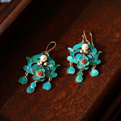 Chinese Antique Earrings Cloisonne Hook Earrings Long Tassels Gilt Pearls Jewels