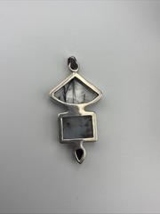 925 Sterling Silver Vtg Rutilated Quartz Gray Blue Agate And Black Oynx Pendant