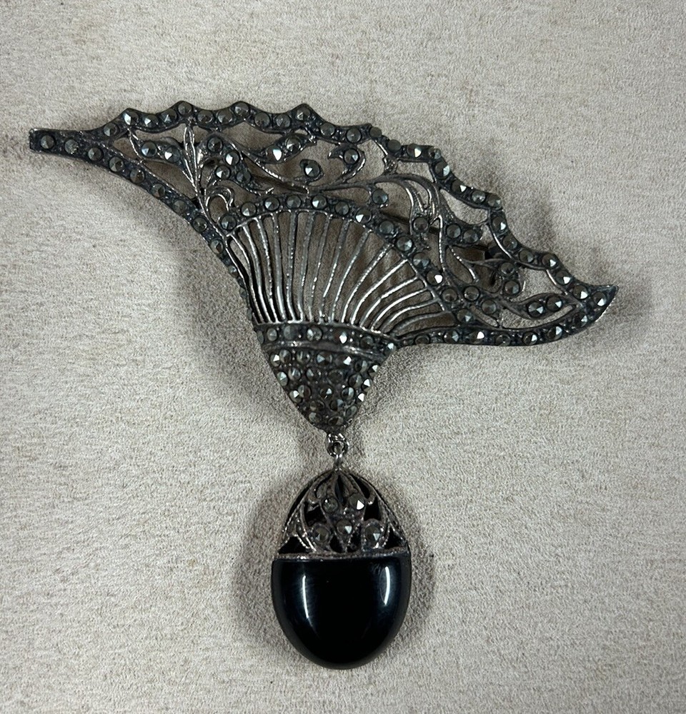 VTG Sterling Silver Marcasite Black Onyx Large Brooch