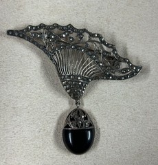 VTG Sterling Silver Marcasite Black Onyx Large Brooch
