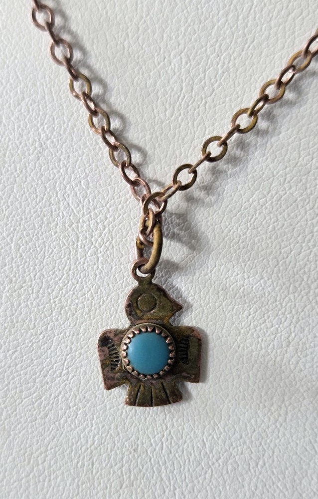 Vintage Small Blue Round Turquoise Thunderbird Pendant Necklace 17″