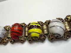 Vintage Chunky Swirl Art Glass Cabochon Link Bracelet Brass Retro 1950s Dungeon