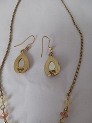 Vintage Style Brass Tone Iridescent Amber Cabochon Drop Necklace & Earrings Set
