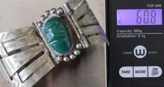 Vintage Mexico Sterling Silver Green Onyx Aztec Warrior Bracelet 60.8G/6.25in