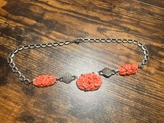 1930’s Deco Sterling Marcasite Coral Glass Necklace Flowers 16”