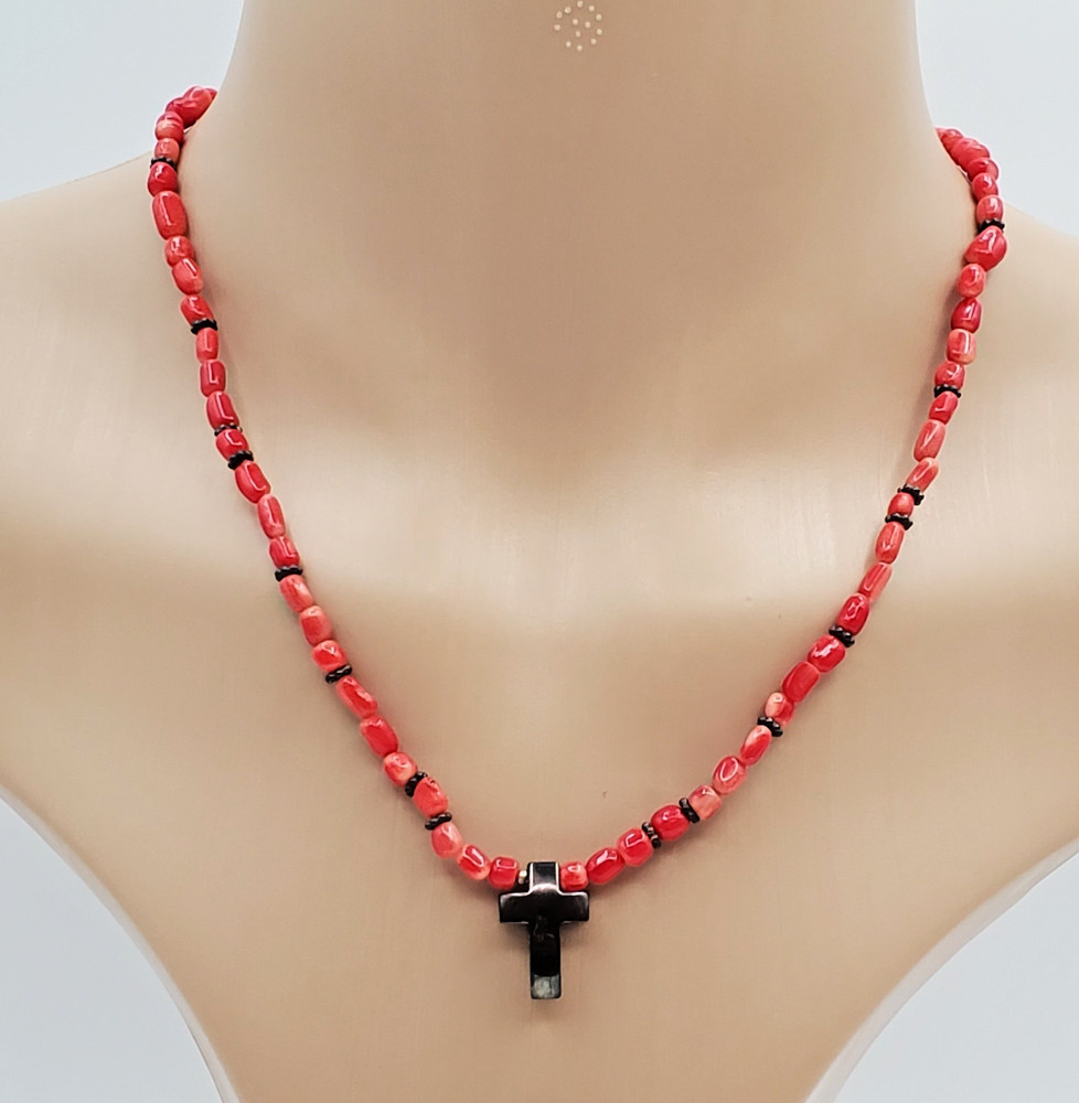 VTG 925 Red Coral Bead 17in Necklace Sterling Silver 15gtw Puffed Open Cross
