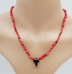 VTG 925 Red Coral Bead 17in Necklace Sterling Silver 15gtw Puffed Open Cross