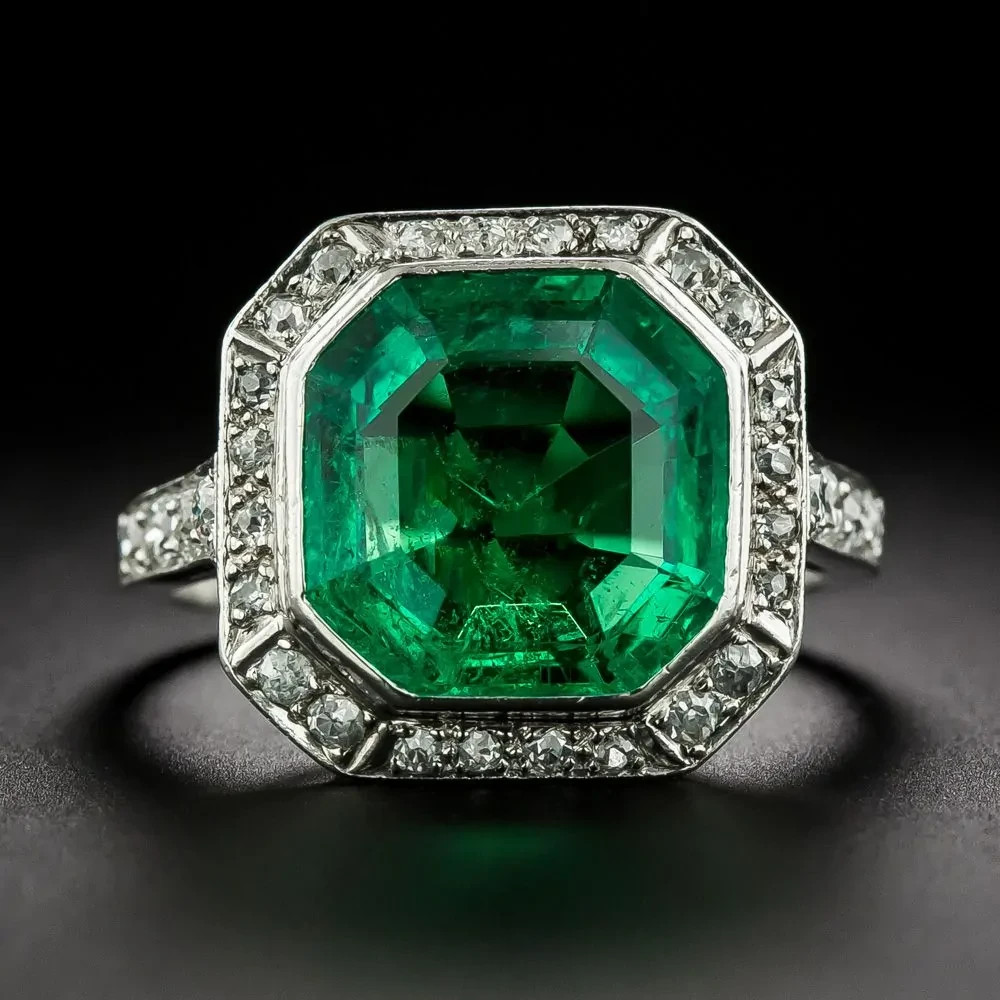 Art Deco Vintage 4.00Ct Emerald & Lab-Created Diamond Ring in 14K White Gold FN