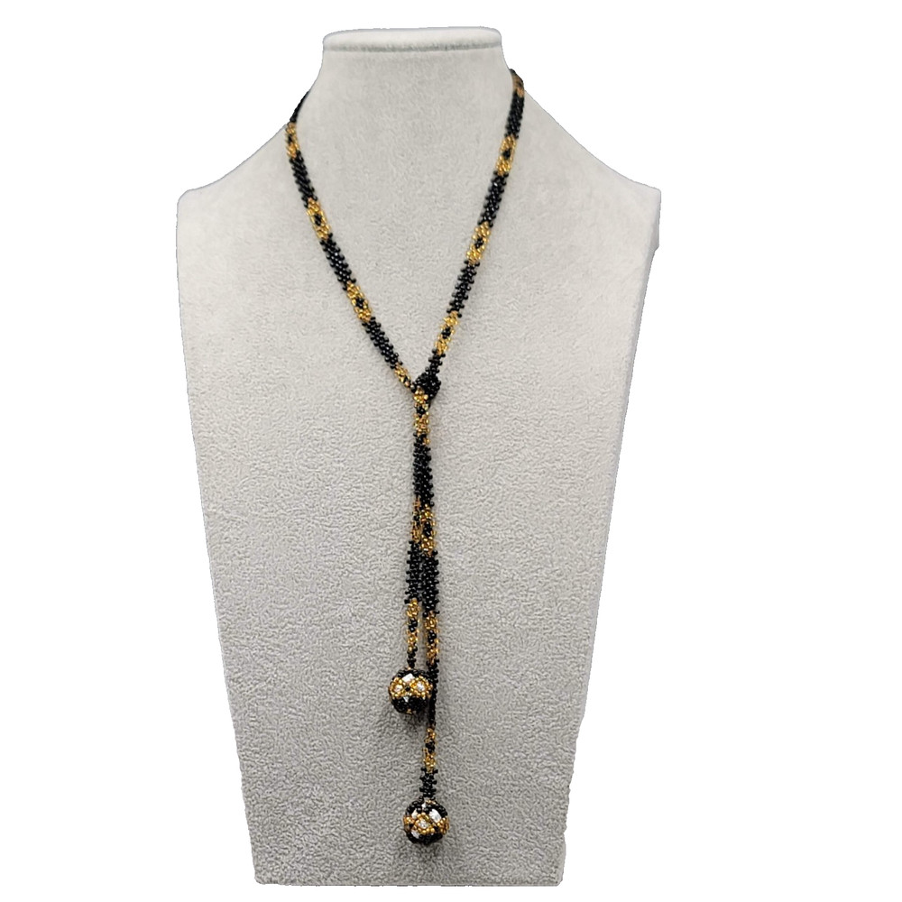 Vintage Yellow Black Beaded Lariat Necklace Handmade 28″