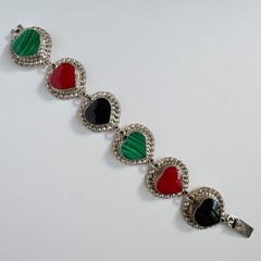 Vintage Taxco Sterling Silver 925 Heart Link Bracelet Red Black & Green Enamel