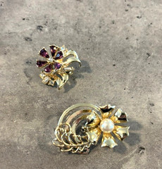 Vintage Lot of 2 Flowers Gold Tone Pin Brooch Purple Rhinestones and Pearl