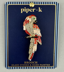 VTG Piper.k Parrot Brooch Glass Stones Red Beige Enamel Hand Painted Eye Glow 3″