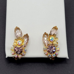 Glamorous AB Crystal Flower Floral Pale Rhinestone Climber Vtg Clip On Earrings