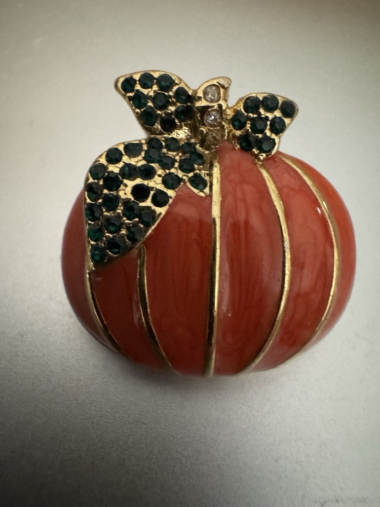 Gold Tone Orange Enamel Green Rhinestones Pumpkin Brooch Pin