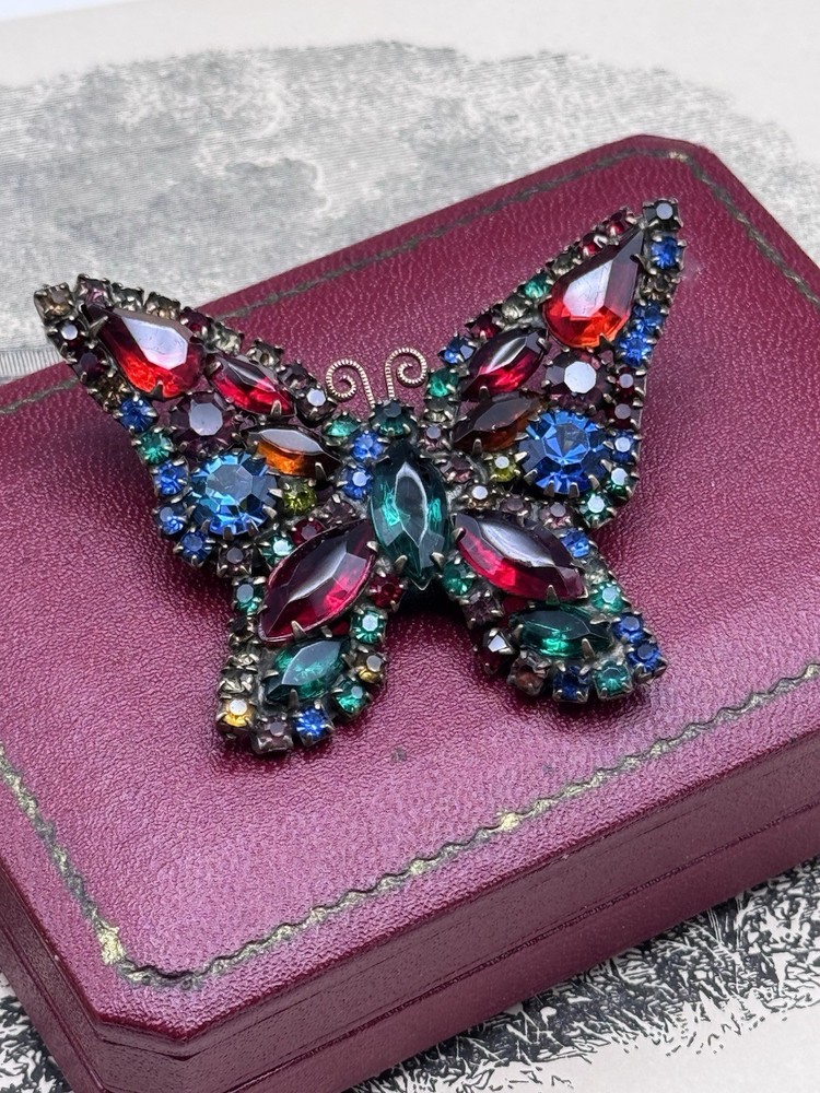 Weiss Butterfly Brooch Multicolor Rhinestone Figural Pin Signed 2.5” VINTAGE